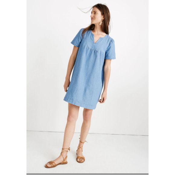 Madewell Dresses & Skirts - Madewell Womens Medium Blue Linen Blend Short Sleeve Denim Popover Swing Dress